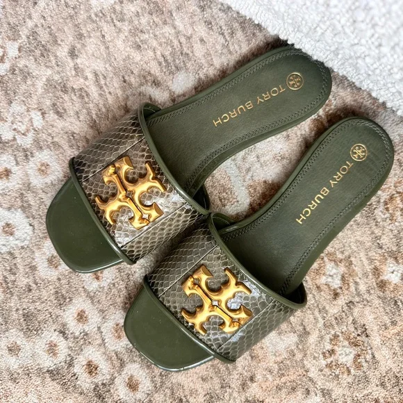 Tory Burch Green Slides with Gold Emblem - Picture 1 of 5